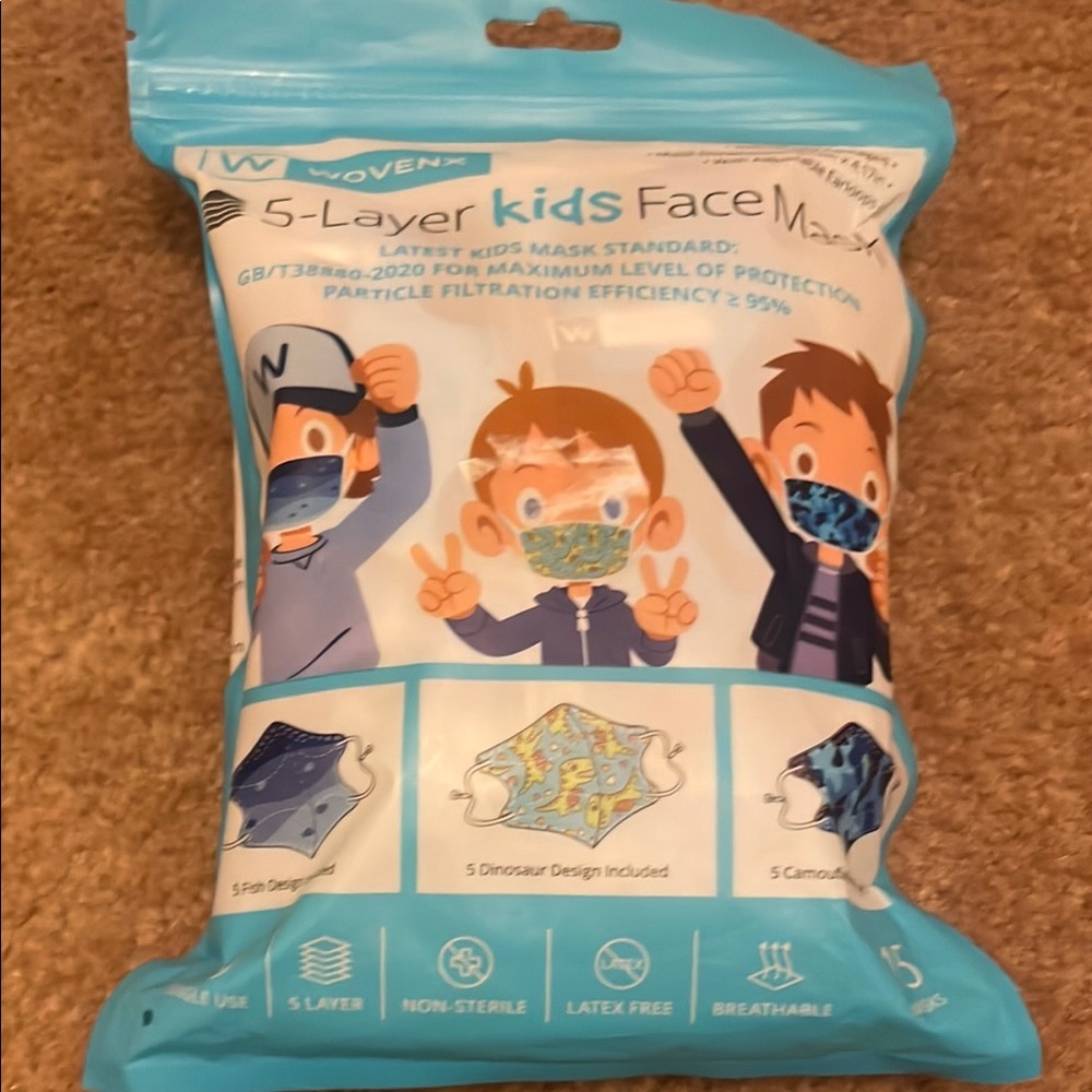 Kids 5-Layer Face Masks with Dinosaur Design
